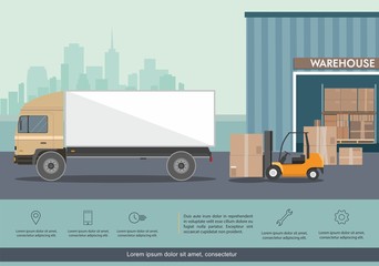 Forklift truck in warehouse. Truck loading. Vector illustration
