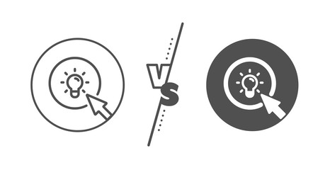 Mouse cursor sign. Versus concept. Idea lamp line icon. Light bulb symbol. Line vs classic energy icon. Vector