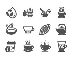 Set of Food and drink icons, such as Cocoa nut, Takeaway coffee, Tea cup, Americano, Frappe, Teapot, Recycle water, Cooking whisk, Coffee cup, Gluten free, Frying pan, Cappuccino. Vector