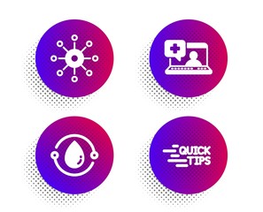 Medical help, Cold-pressed oil and Multichannel icons simple set. Halftone dots button. Education sign. Medicine laptop, Organic tested, Multitasking. Quick tips. Science set. Vector