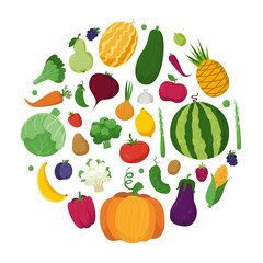 Vegetables, fruits and berries in a circle