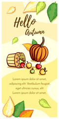 Vertical banner. Ripe apples and pumpkin on autumn background. Vector illustration