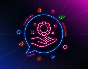 Employee hand line icon. Neon laser lights. Work gear sign. Development cogwheel symbol. Glow laser speech bubble. Neon lights chat bubble. Banner badge with employee hand icon. Vector