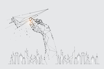 Naklejka premium The particles, geometric art, line and dot of flying paper rocket.