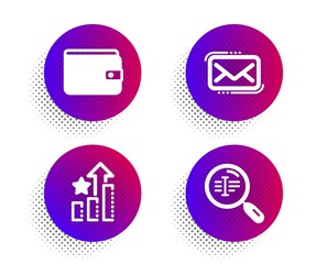 Ranking stars, Messenger mail and Money wallet icons simple set. Halftone dots button. Search text sign. Winner results, New e-mail, Payment method. Find word. Business set. Vector