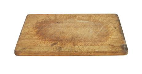 Rustic wooden cutting board isolated on white background