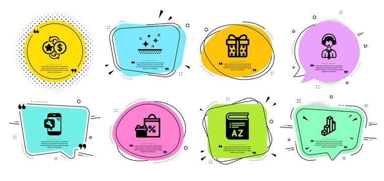 Shopping, Phone repair and Vocabulary line icons set. Chat bubbles with quotes. Clean skin, Shipping support and 3d chart signs. Loyalty points, Gift box symbols. Vector
