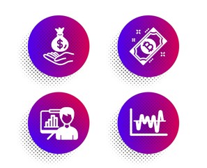 Bitcoin, Income money and Presentation board icons simple set. Halftone dots button. Stock analysis sign. Cryptocurrency coin, Savings, Growth chart. Business trade. Finance set. Vector