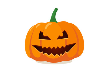 Scary spooky smile pumpkin jack o lantern with creepy tooths. Traditional decoration symbol of halloween holiday celebration. Vector illustration isolated on white background