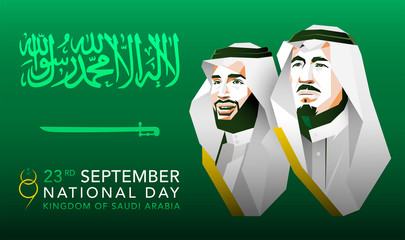 logo 89 years of The national holiday of the Kingdom of Saudi Arabia, is celebrated on September 23. Graphic design flags and symbolic green colors. King Salman. Prince Crown Mohammed.