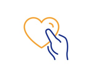 Friends love sign. Hold heart line icon. Friendship hand symbol. Colorful outline concept. Blue and orange thin line hold heart icon. Vector