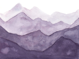 Watercolor mountain range.  Background with mountain landscape.