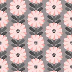 Scandinavian style daisies floral vector gray and light red seamless pattern. Wrapping paper design.