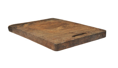 Old grunge wooden kitchen cutting board isolated on white