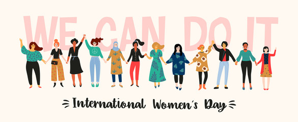 International Womens Day. Vector illustration with women different nationalities and cultures.