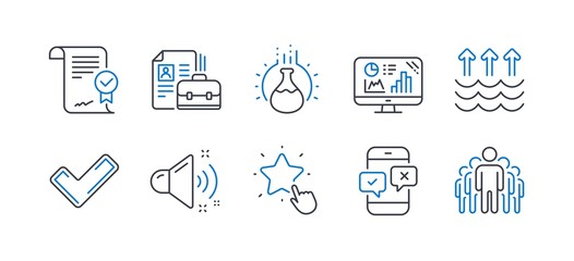 Set of Education icons, such as Vacancy, Evaporation, Approved agreement, Phone survey, Chemistry experiment, Ranking star, Tick, Loud sound, Analytics graph, Group line icons. Vector