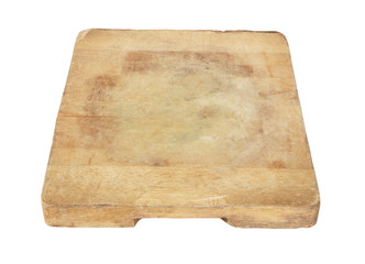 Old grunge wooden cutting board isolated. Rustic kitchenboard on white background.