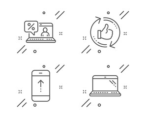 Swipe up, Refresh like and Online loan line icons set. Laptop sign. Scrolling screen, Thumbs up counter, Discount percent. Computer. Technology set. Line swipe up outline icon. Vector