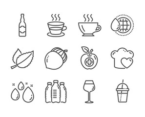 Set of Food and drink icons, such as Medical food, Love cooking, Acorn, Coffee, World water, Coffee cup, Mint leaves, Bordeaux glass, Water bottles, Beer bottle line icons. Apple, Chef hat. Vector