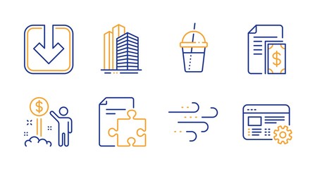 Strategy, Payment and Windy weather line icons set. Load document, Skyscraper buildings and Income money signs. Coffee cocktail, Web settings symbols. Puzzle, Cash money. Business set. Vector