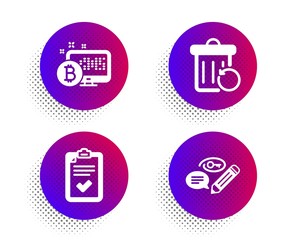 Bitcoin system, Recovery trash and Checklist icons simple set. Halftone dots button. Keywords sign. Cryptocurrency monitor, Backup file, Survey. Pencil with key. Business set. Vector