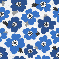 Scandinavian style poppies floral vector light gray and blue seamless pattern. Wrapping paper design.
