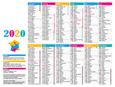 Calendrier 2020 multicolore France avec jours fériés, nombre de semaines et vacances scolaires.