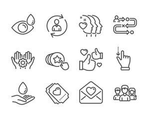 Set of People icons, such as Touchscreen gesture, Friends couple, Employee hand, Love ticket, Hold heart, Eye drops, Like, Water care, Person info, Teamwork, Journey path, Love letter. Vector