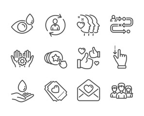 Set of People icons, such as Touchscreen gesture, Friends couple, Employee hand, Love ticket, Hold heart, Eye drops, Like, Water care, Person info, Teamwork, Journey path, Love letter. Vector