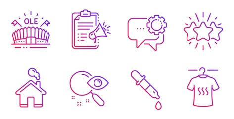 Sports arena, Star and Chemistry pipette line icons set. Search, Home and Megaphone checklist signs. Employees messenger, Dry t-shirt symbols. Event stadium, Customer feedback. Business set. Vector