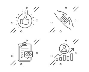 Like hand, Eye checklist and Helping hand line icons set. Career ladder sign. Thumbs up, Optometry, Give gesture. Manager results. People set. Line like hand outline icon. Vector