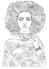 JPEG hand drawn girl in retro style with hairstyle curly hair. Print blouse peonies. Glamorous model holds a saucer and sips a hot drink tea, coffee. Ornamental Coloring page for adults. Design card 