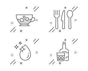 Cold coffee, Food and Water drop line icons set. Whiskey glass sign. Ice cubes in beverage, Cutlery, Crystal aqua. Scotch drink. Food and drink set. Line cold coffee outline icon. Vector