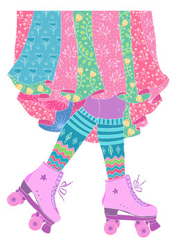 JPEG color legs of a young girl in a long skirt with floral print skates in funny retro roller skates. Old school style 80s, 70s. Ornamental cute sweet vivid Design card,  print t-shirts, textile