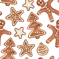 Fototapeta na wymiar Watercolor Christmas seamless pattern. Hand drawn traditional cookies. Gingerbread man, star, tree with icing sugar. Decoration for holiday, greeting cards, wrapping paper, postcards.