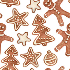 Watercolor Christmas seamless pattern. Hand drawn traditional cookies. Gingerbread man, star, tree with icing sugar. Decoration for holiday, greeting cards, wrapping paper, postcards.