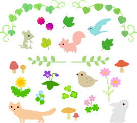 草花と小動物のイラストセット