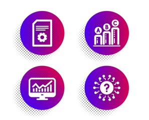 File settings, Statistics and Graph chart icons simple set. Halftone dots button. Question mark sign. File management, Financial report, Growth report. Quiz chat. Technology set. Vector