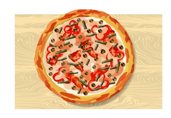 Tasty wholesome food. Real hot pizza. Vector