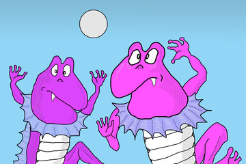 エリマキトカゲが夜になると、踊りだす様子をイメージして描きました。