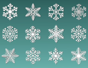 A collection of white snowflakes. Beautiful element for a Christmas banner, greeting card. Christmas ornament.