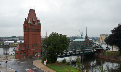 Top view of historic lift bridge and river, Lubeck, Germany