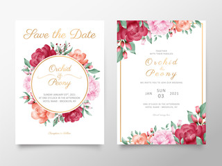 Vintage wedding invitation card template set with watercolor roses and peonies flowers. Botanic decorative save the date, greeting, thank you, rsvp cards.