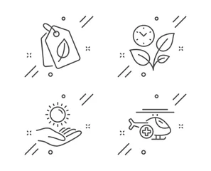 Muurstickers Sun protection, Bio tags and Leaves line icons set. Medical helicopter sign. Ultraviolet care, Leaf, Grow plant. Sky transport. Healthcare set. Line sun protection outline icon. Vector © blankstock