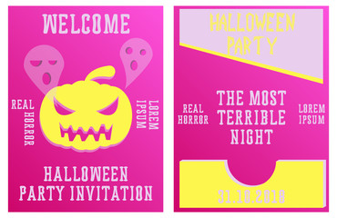 Fototapeta premium Set of Halloween Concepts. Vector Illustration. Pumpkin and Spider Web, Witch Hat and Cauldron, Skull and Bones, Night Party. Trick or Treat.