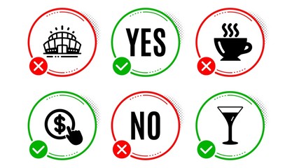 Buy currency, Coffee and Arena stadium icons simple set. Yes no check box. Martini glass sign. Money exchange, Cappuccino, Sport complex. Wine. Business set. Buy currency icon. Check mark. Vector