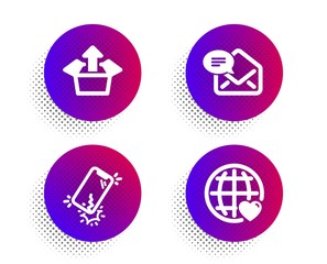 Send box, New mail and Smartphone broken icons simple set. Halftone dots button. International love sign. Delivery package, Received e-mail, Phone crack. Internet dating. Technology set. Vector