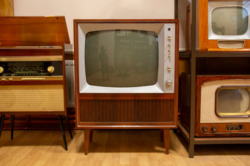 Vintage Television  Old Tv Old-fashioned Television Close Up. Old Grungy Vintage Tv Retro Technology.