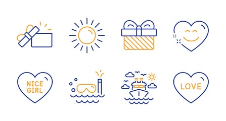 Fototapeta premium Smile chat, Scuba diving and Sun line icons set. Nice girl, Gift and Opened gift signs. Ship travel, Love symbols. Heart face, Trip swimming. Holidays set. Line smile chat icon. Vector