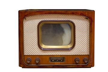 Vintage Television  Old Tv Isolated on White Background. Old-fashioned Television Close Up. Old Grungy Vintage Tv Retro Technology.